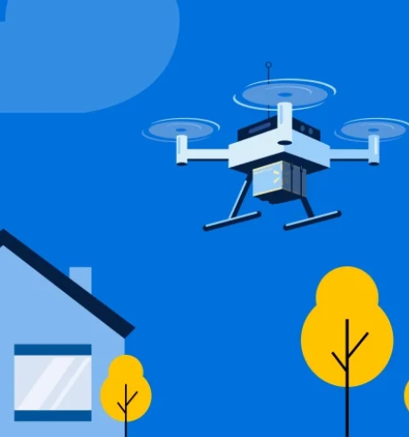 Illustration of a drone delivering to a home