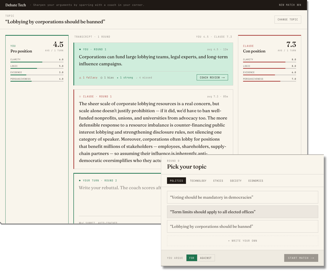 Debate Tech — argument sparring app