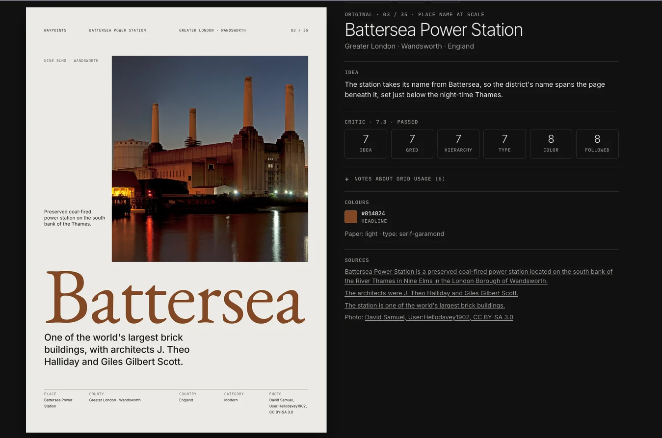 Waypoints Poster Grid &mdash; the Battersea Power Station poster on light paper, beside its idea, critic scores, colours and sources