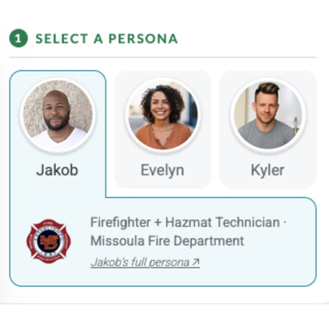 Persona selector: Jakob, Evelyn and Kyler, with Jakob&rsquo;s details expanded