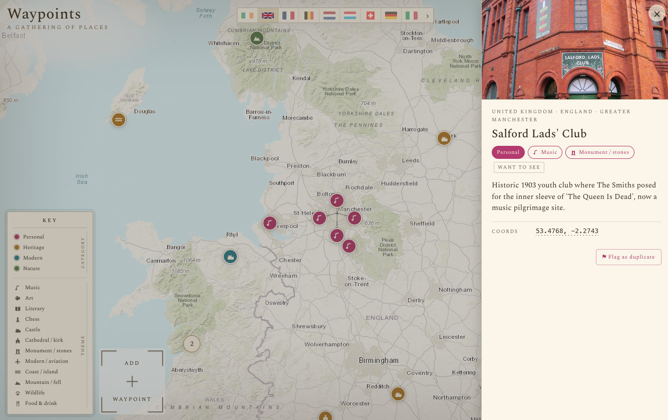 Waypoints — pin detail view with Salford Lads' Club info panel