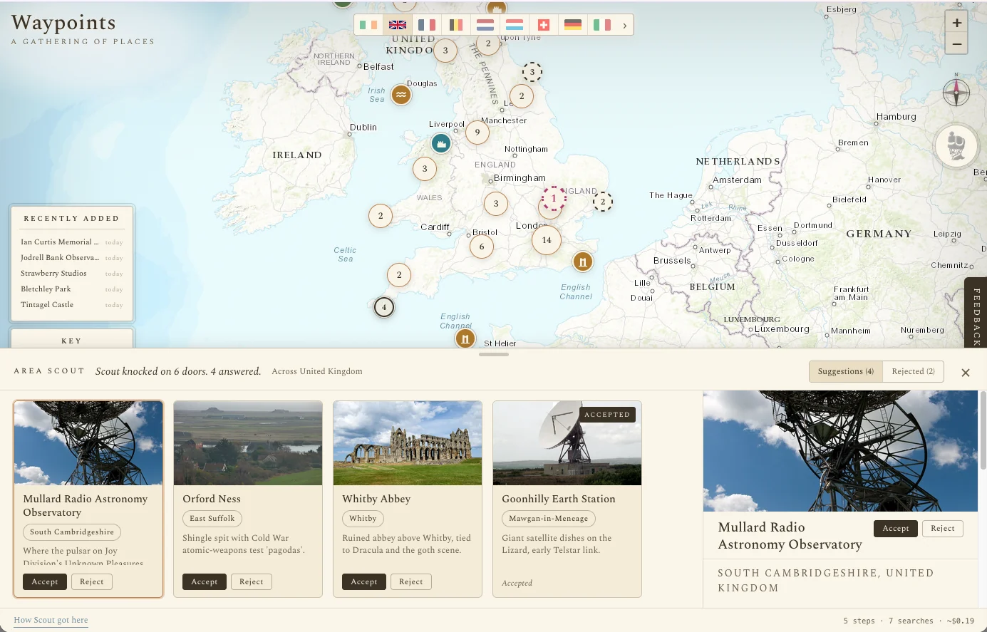 Waypoints — Area Scout proposing places across the United Kingdom, each with Accept and Reject