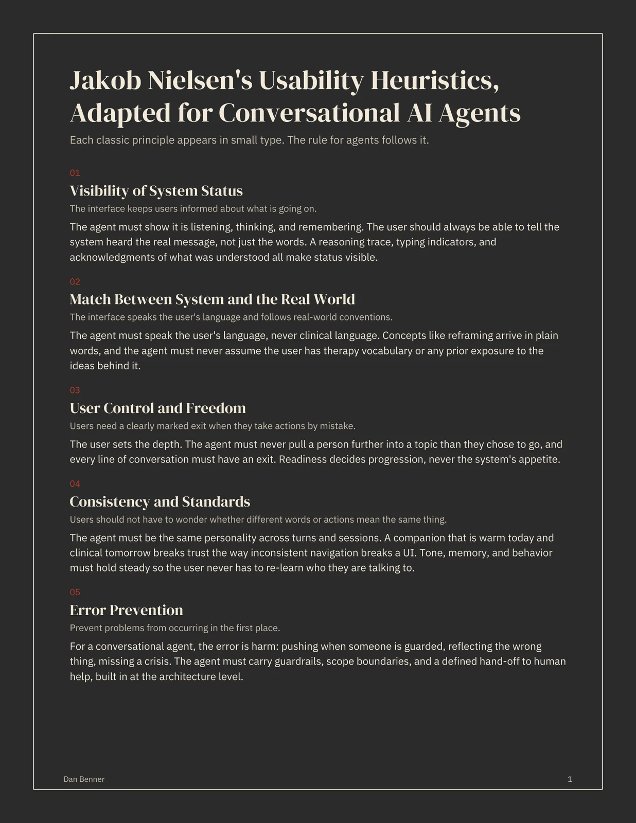 Jakob Nielsen&rsquo;s Usability Heuristics, Adapted for Conversational AI Agents &mdash; first page